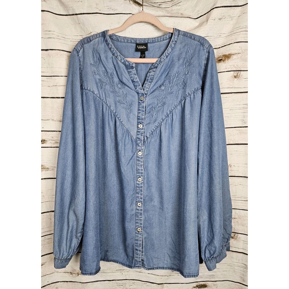 Ulla Popken Embroidered Chambray Denim Top Womens 16/18 Button Boho Western